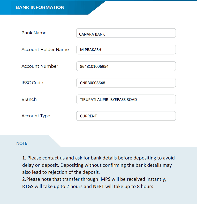 screenshot of bank information