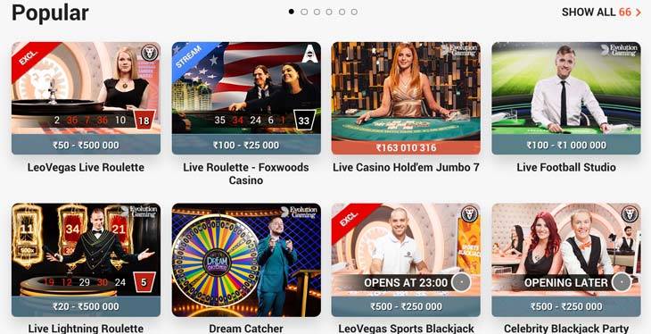 screenshot of the live casino games at leovegas Casino