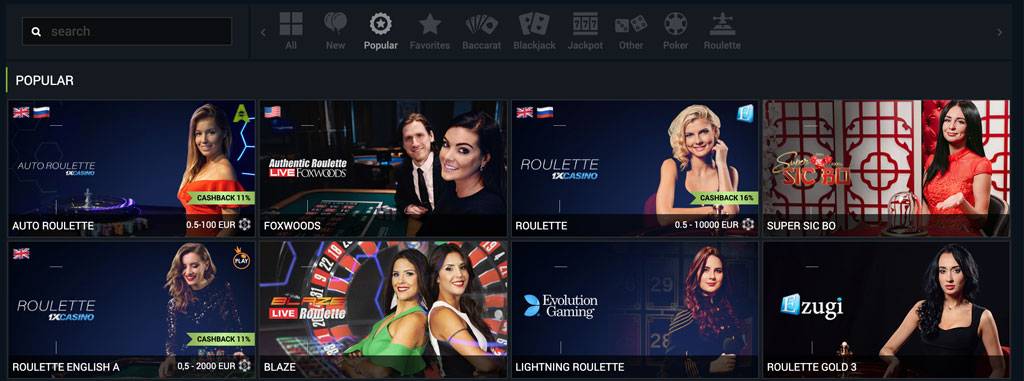 Screenshot of Live casino Offerings at 1xbet casino