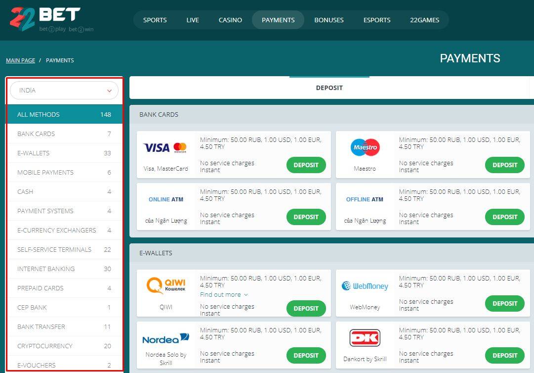 Lists of Indian payment options at 22bet
