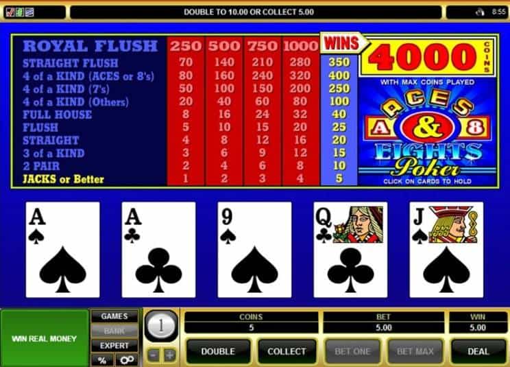 Screenshot of Aces & Eights video poker game.