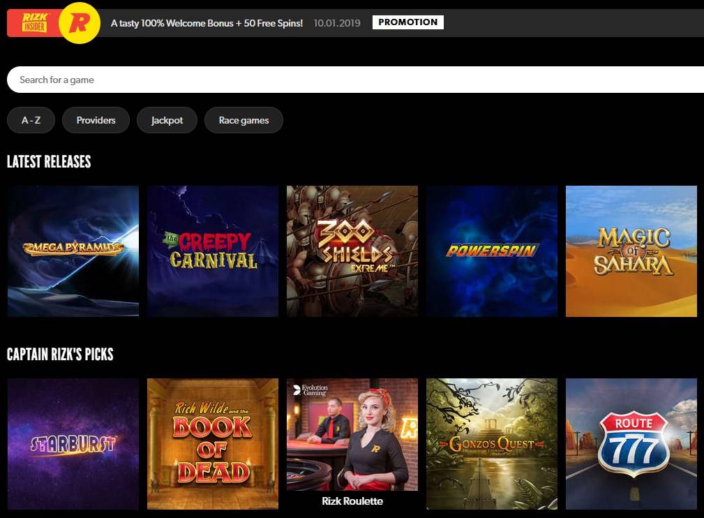 screenshot of slot game lobby at rizk Casino