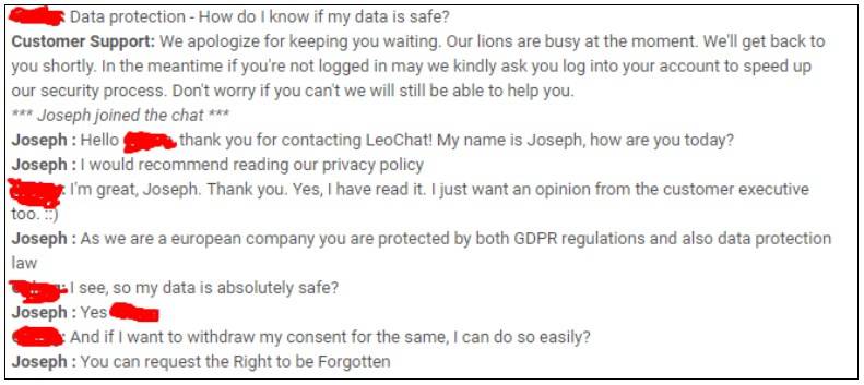 Screenshot of Bet365's GDPR Customer Support 