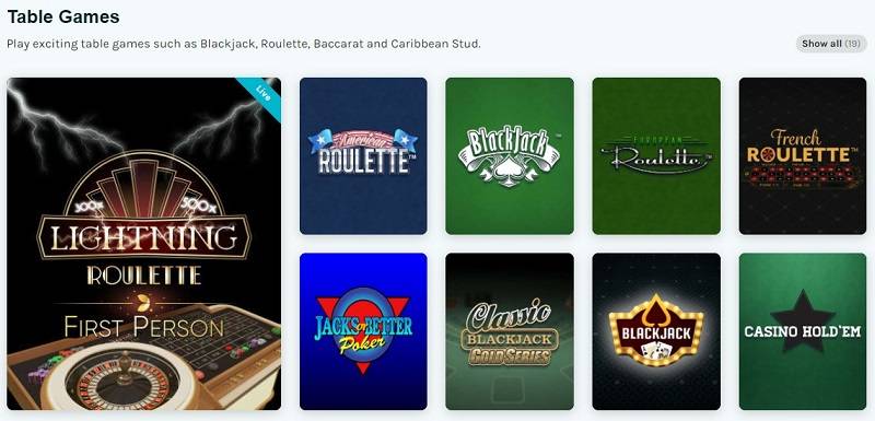 Screenshot of Table Games at Lucky Days Casino