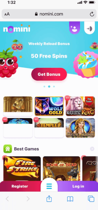 screenshot of Nomini casino mobile site