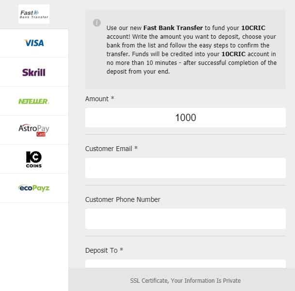 Screenshot of payment alternatives on 10CRIC