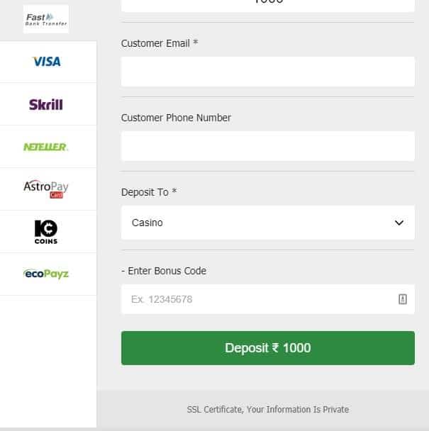 Screenshot of how to make a deposit at 10CRIC