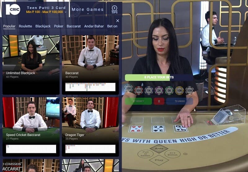 Screenshot of the live casino lobby at 10CRIC
