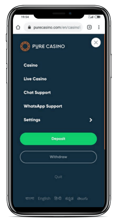 Pure Casino screenshot of deposit page