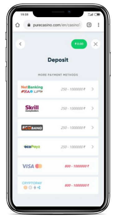 Pure Casino screenshot of selecting payment method