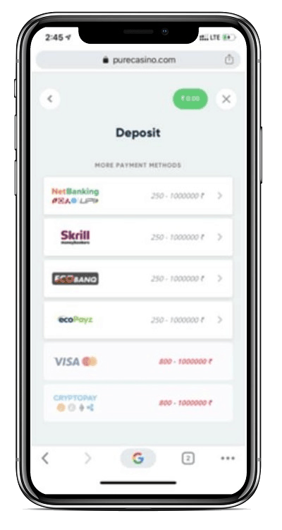 Different payment methods at Pure Casino