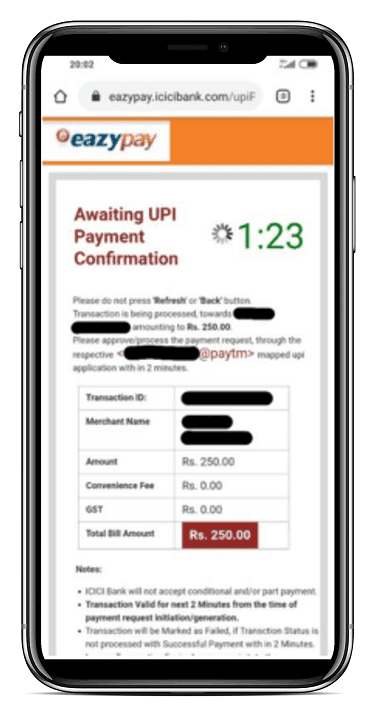 Pure screenshot of awaiting UPI confirmation