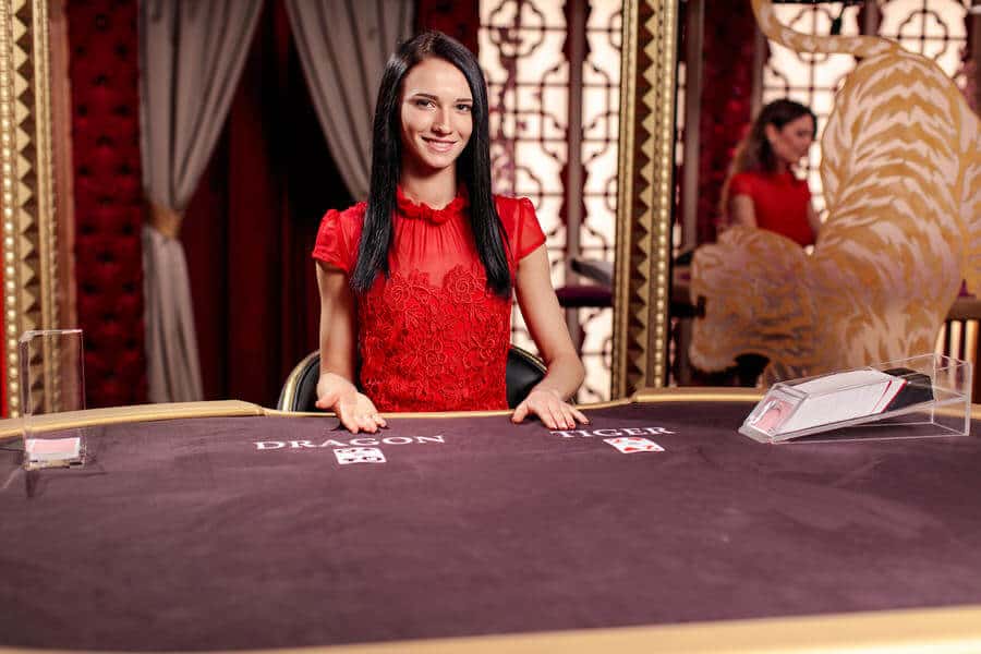 Brunette dragon tiger croupier points at two cards